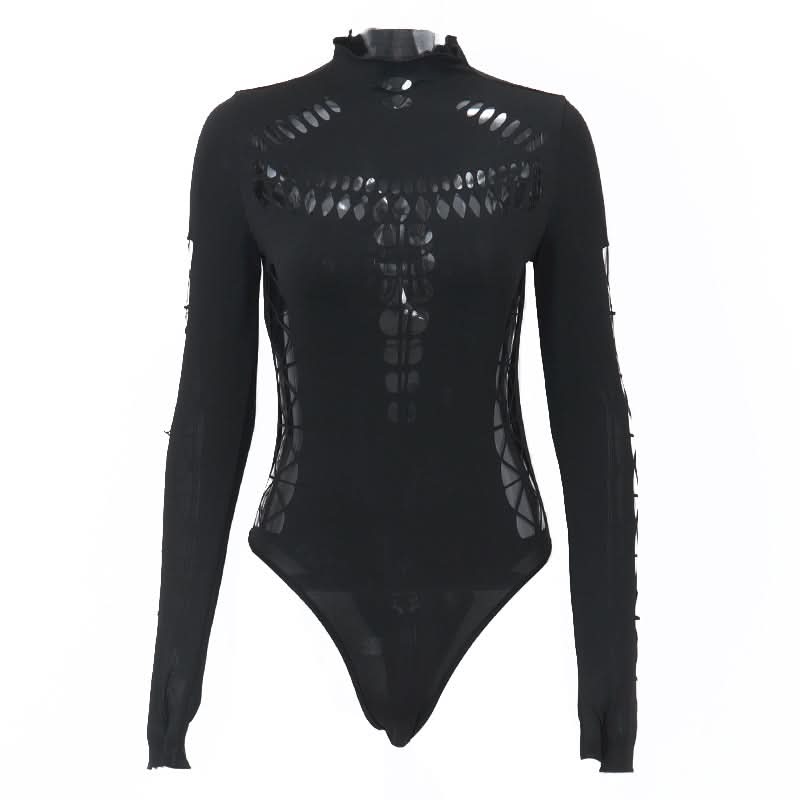 Gothic Glam Spider Web Cutout Bodysuit - High Neck Long Sleeve Halloween & Fall Statement