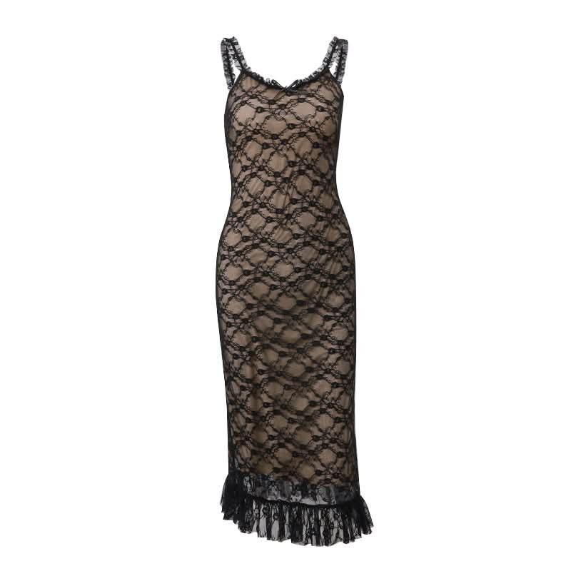 Enchanting Black Lace Maxi Dress | Ruffle Hem Cami for Fall Evenings & Holiday Parties