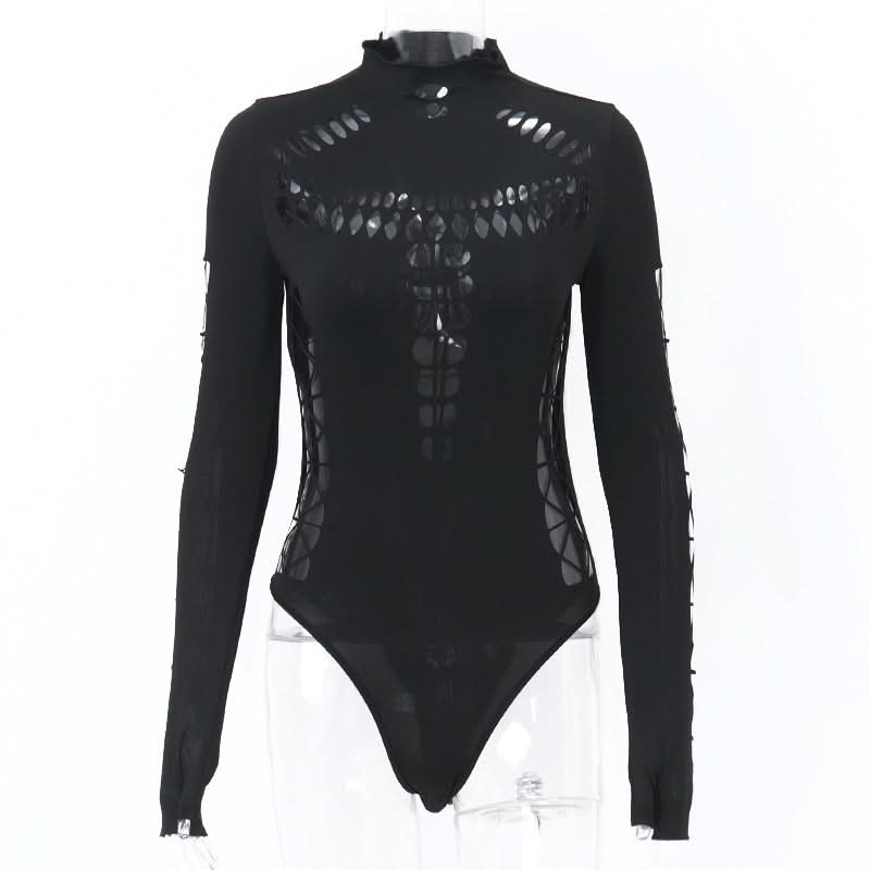 Gothic Glam Spider Web Cutout Bodysuit - High Neck Long Sleeve Halloween & Fall Statement