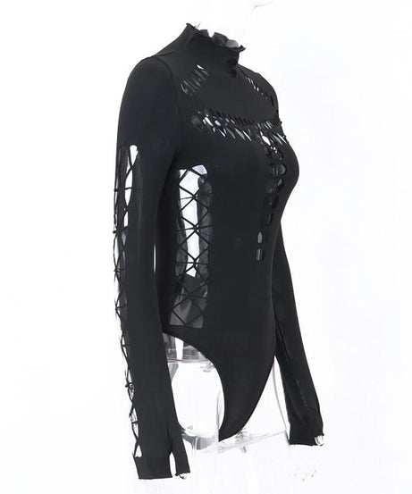 Gothic Glam Spider Web Cutout Bodysuit - High Neck Long Sleeve Halloween & Fall Statement