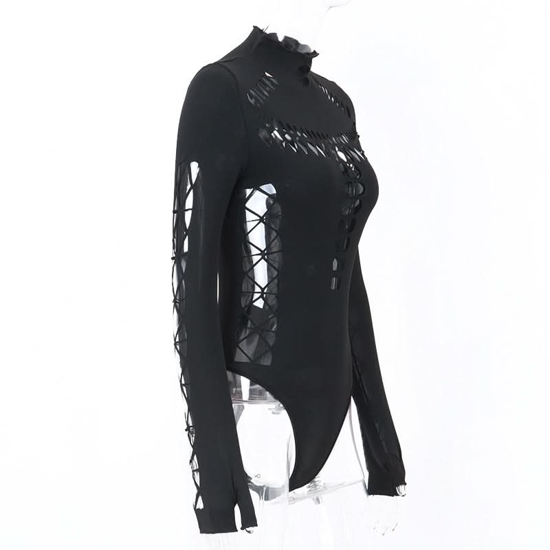 Gothic Glam Spider Web Cutout Bodysuit - High Neck Long Sleeve Halloween & Fall Statement