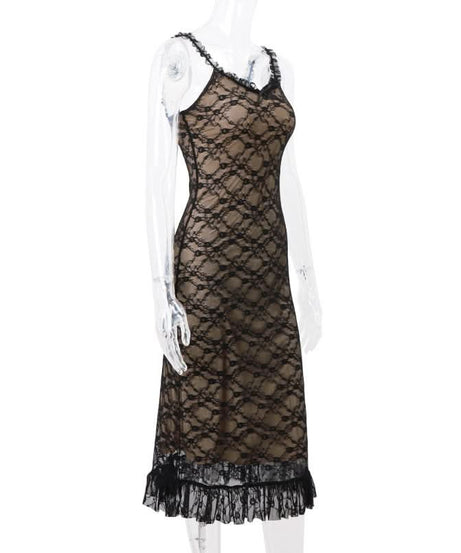 Enchanting Black Lace Maxi Dress | Ruffle Hem Cami for Fall Evenings & Holiday Parties