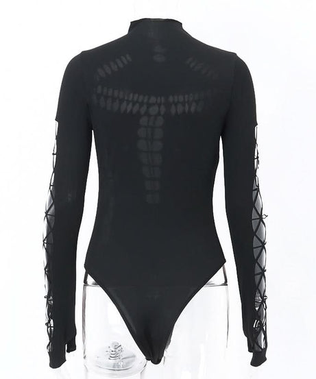 Gothic Glam Spider Web Cutout Bodysuit - High Neck Long Sleeve Halloween & Fall Statement