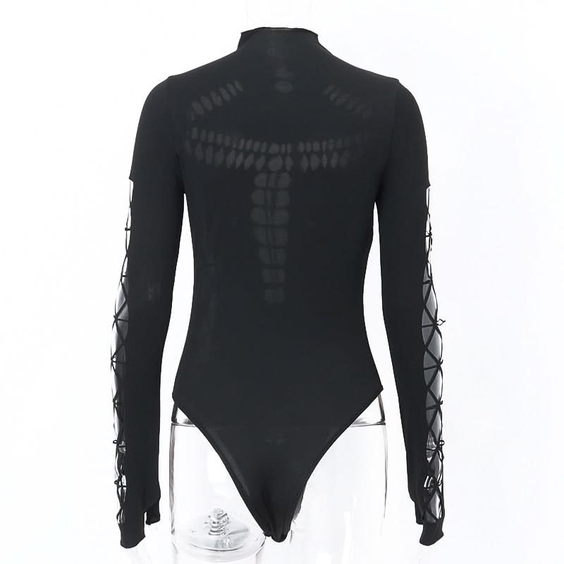 Gothic Glam Spider Web Cutout Bodysuit - High Neck Long Sleeve Halloween & Fall Statement