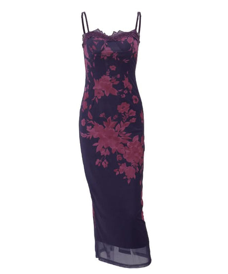 Midnight Bloom Floral Mesh Maxi Slip Dress - Elegant Fall & Holiday Style for American Women