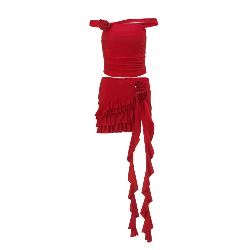 Red Hot Ruffle & Rose Off-Shoulder Mini Skirt Set - Your Fall Party & Halloween Statement