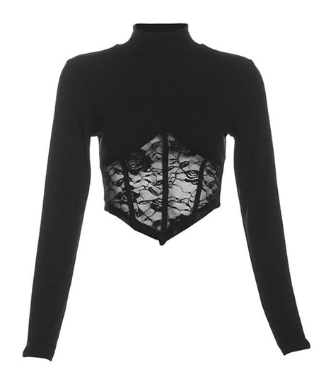 Fall Nights Out: Edgy Black Lace Corset Crop Top | High Neck Long Sleeve Goth Chic