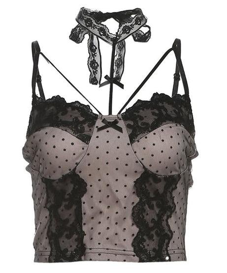 Sultry Polka Dot & Lace Cami Top with Detachable Choker - Perfect for Fall Date Nights
