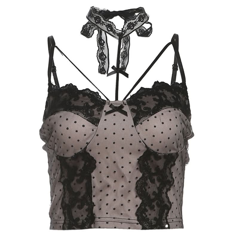 Sultry Polka Dot & Lace Cami Top with Detachable Choker - Perfect for Fall Date Nights