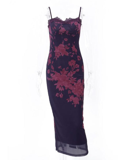 Midnight Bloom Floral Mesh Maxi Slip Dress - Elegant Fall & Holiday Style for American Women