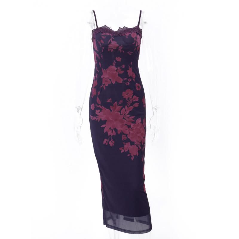 Midnight Bloom Floral Mesh Maxi Slip Dress - Elegant Fall & Holiday Style for American Women