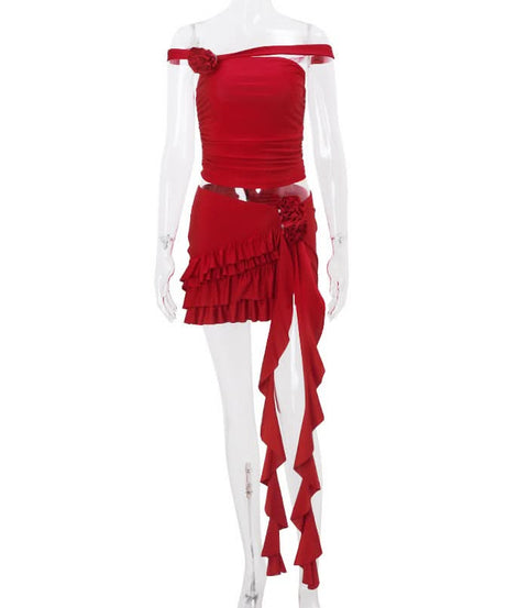 Red Hot Ruffle & Rose Off-Shoulder Mini Skirt Set - Your Fall Party & Halloween Statement