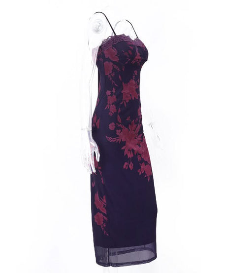 Midnight Bloom Floral Mesh Maxi Slip Dress - Elegant Fall & Holiday Style for American Women