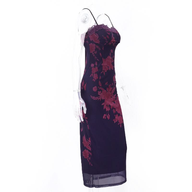 Midnight Bloom Floral Mesh Maxi Slip Dress - Elegant Fall & Holiday Style for American Women