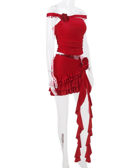 Red Hot Ruffle & Rose Off-Shoulder Mini Skirt Set - Your Fall Party & Halloween Statement