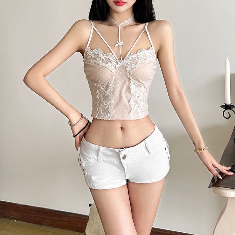 Sultry Polka Dot & Lace Cami Top with Detachable Choker - Perfect for Fall Date Nights