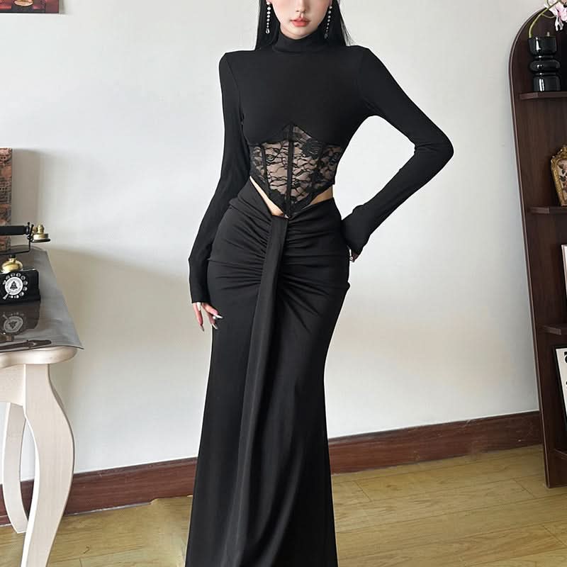 Fall Nights Out: Edgy Black Lace Corset Crop Top | High Neck Long Sleeve Goth Chic