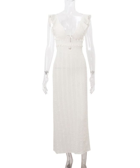 Boho Chic Ruffle V-Neck Crochet-Look Maxi Dress | Your Winter Sun Getaway Essential