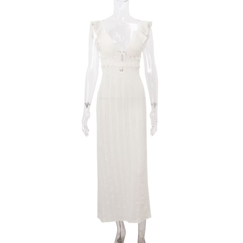 Boho Chic Ruffle V-Neck Crochet-Look Maxi Dress | Your Winter Sun Getaway Essential