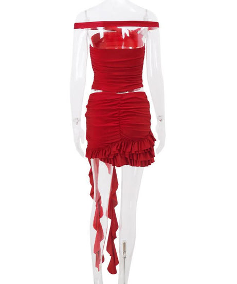 Red Hot Ruffle & Rose Off-Shoulder Mini Skirt Set - Your Fall Party & Halloween Statement