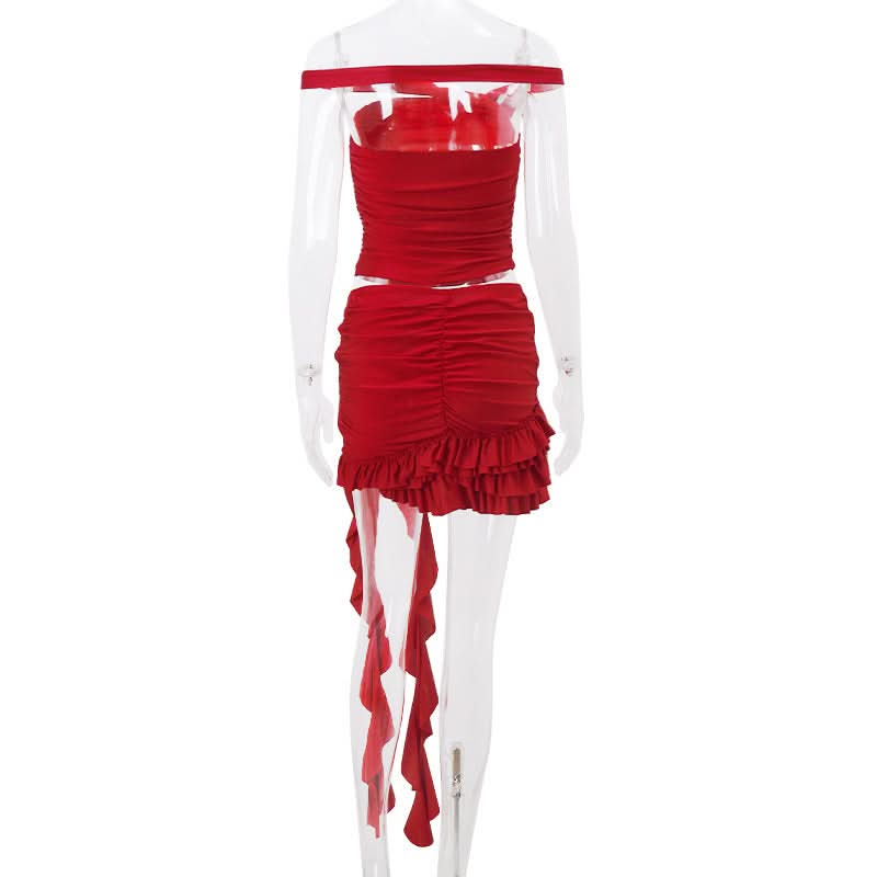 Red Hot Ruffle & Rose Off-Shoulder Mini Skirt Set - Your Fall Party & Halloween Statement