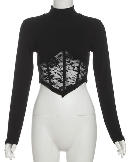 Fall Nights Out: Edgy Black Lace Corset Crop Top | High Neck Long Sleeve Goth Chic