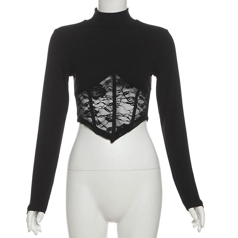 Fall Nights Out: Edgy Black Lace Corset Crop Top | High Neck Long Sleeve Goth Chic
