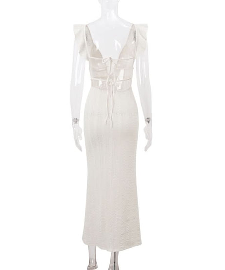 Boho Chic Ruffle V-Neck Crochet-Look Maxi Dress | Your Winter Sun Getaway Essential