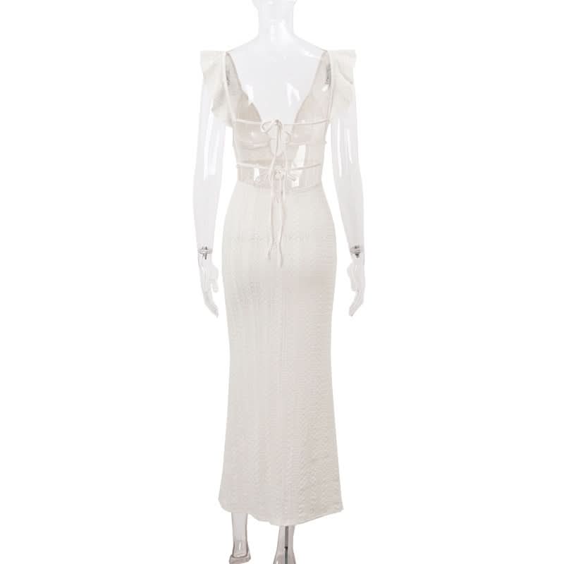 Boho Chic Ruffle V-Neck Crochet-Look Maxi Dress | Your Winter Sun Getaway Essential