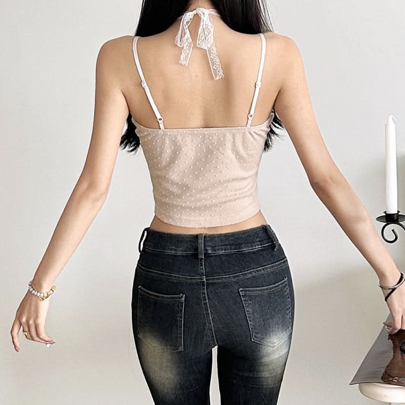 Sultry Polka Dot & Lace Cami Top with Detachable Choker - Perfect for Fall Date Nights