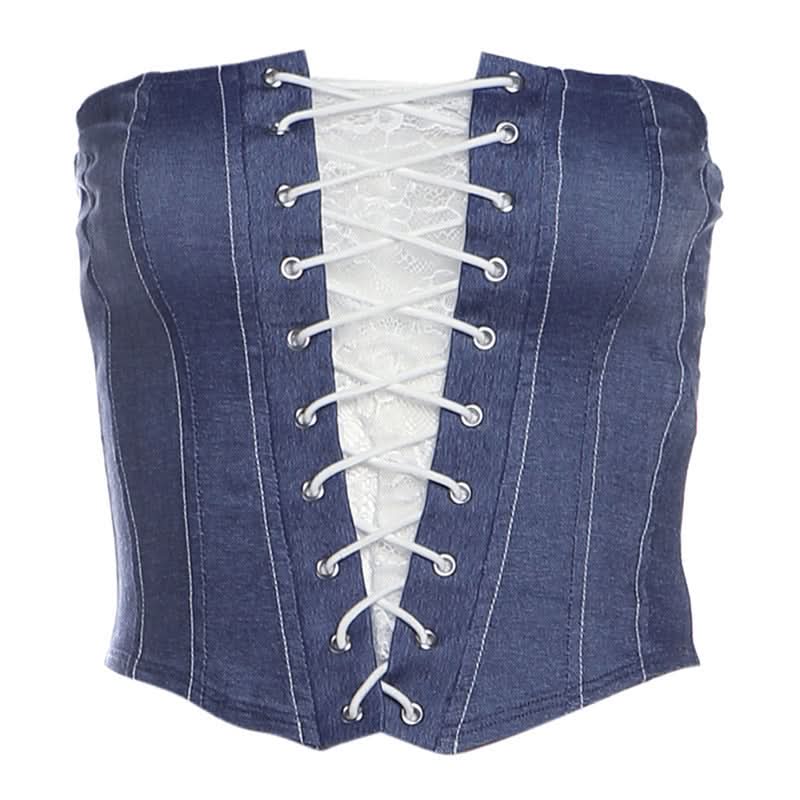 Y2K Chic Denim Lace-Up Corset Top - Strapless Bustier for Fall Nights & Trendy Style