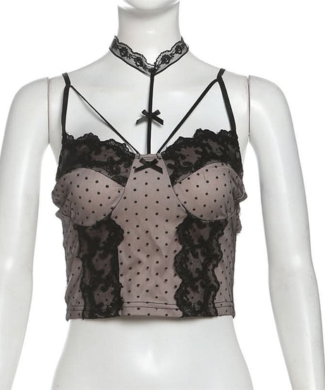 Sultry Polka Dot & Lace Cami Top with Detachable Choker - Perfect for Fall Date Nights