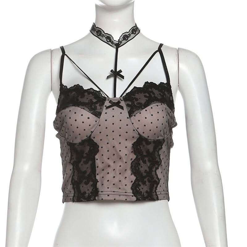 Sultry Polka Dot & Lace Cami Top with Detachable Choker - Perfect for Fall Date Nights