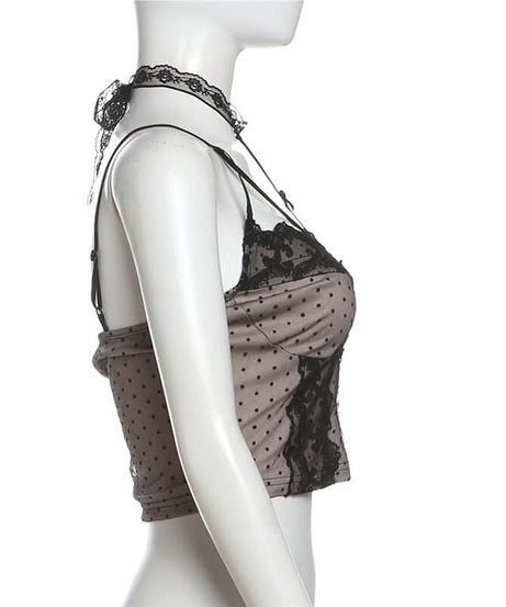 Sultry Polka Dot & Lace Cami Top with Detachable Choker - Perfect for Fall Date Nights