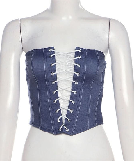 Y2K Chic Denim Lace-Up Corset Top - Strapless Bustier for Fall Nights & Trendy Style