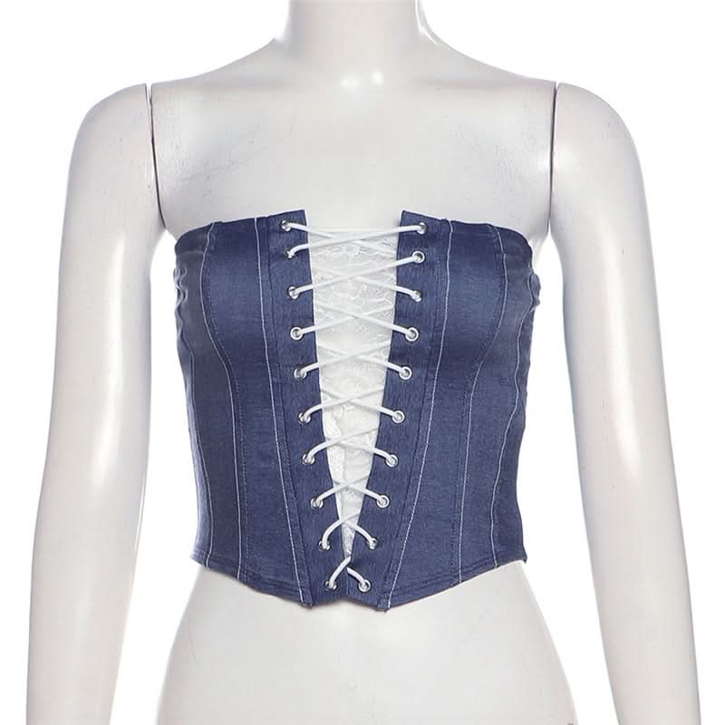 Y2K Chic Denim Lace-Up Corset Top - Strapless Bustier for Fall Nights & Trendy Style