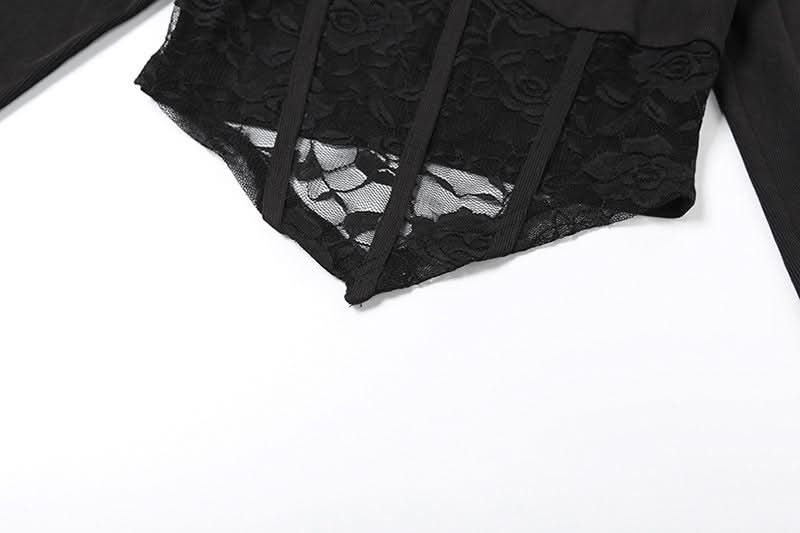 Fall Nights Out: Edgy Black Lace Corset Crop Top | High Neck Long Sleeve Goth Chic