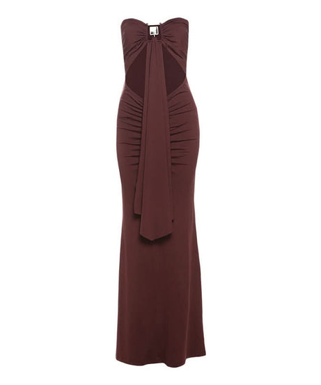Espresso Elegance: Strapless Cut-Out Maxi Dress with Dramatic Drape