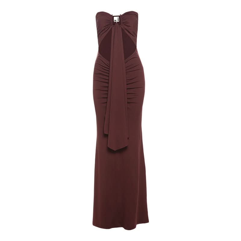 Espresso Elegance: Strapless Cut-Out Maxi Dress with Dramatic Drape