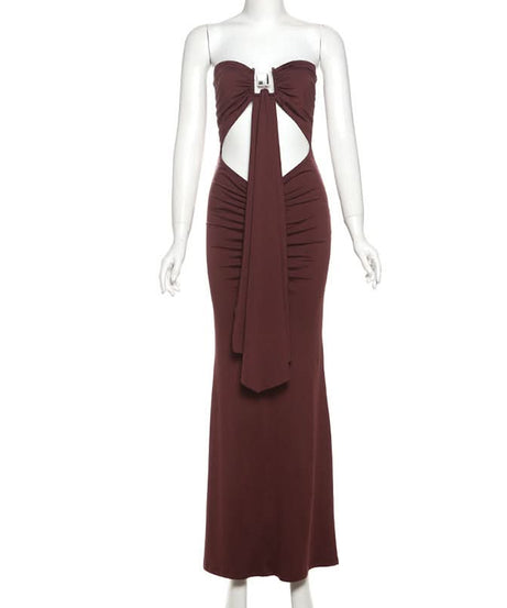 Espresso Elegance: Strapless Cut-Out Maxi Dress with Dramatic Drape