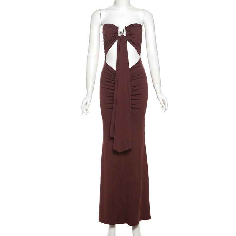 Espresso Elegance: Strapless Cut-Out Maxi Dress with Dramatic Drape