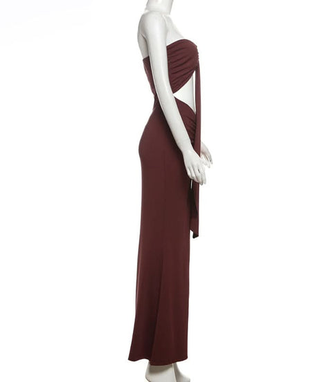 Espresso Elegance: Strapless Cut-Out Maxi Dress with Dramatic Drape