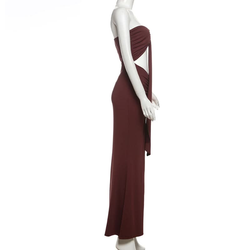 Espresso Elegance: Strapless Cut-Out Maxi Dress with Dramatic Drape
