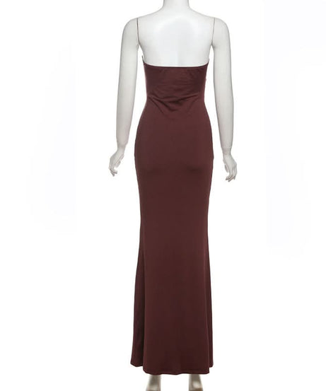 Espresso Elegance: Strapless Cut-Out Maxi Dress with Dramatic Drape