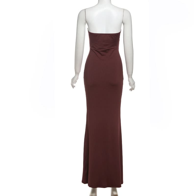 Espresso Elegance: Strapless Cut-Out Maxi Dress with Dramatic Drape