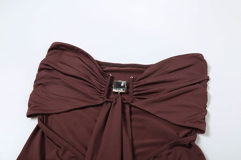 Espresso Elegance: Strapless Cut-Out Maxi Dress with Dramatic Drape