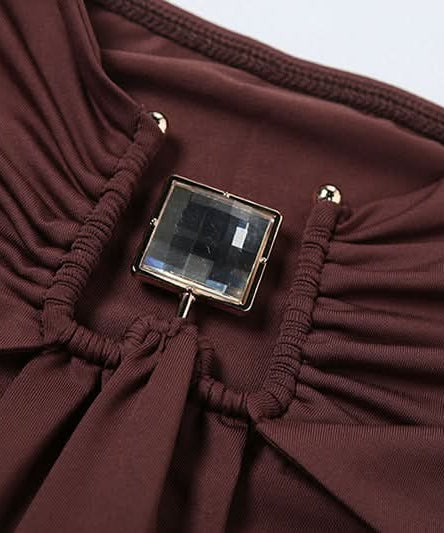 Espresso Elegance: Strapless Cut-Out Maxi Dress with Dramatic Drape