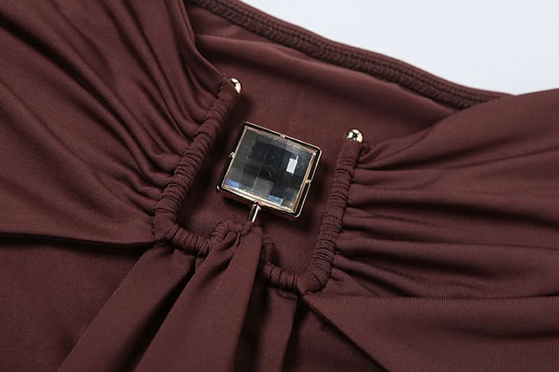 Espresso Elegance: Strapless Cut-Out Maxi Dress with Dramatic Drape