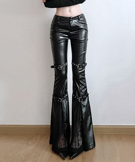 Gothic Glamour Low-Rise Flare PU Leather Pants with Buckle & Lace Trim – Your Edgy Fall & Halloween Statement Piece