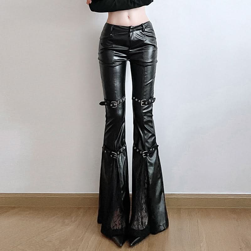 Gothic Glamour Low-Rise Flare PU Leather Pants with Buckle & Lace Trim – Your Edgy Fall & Halloween Statement Piece